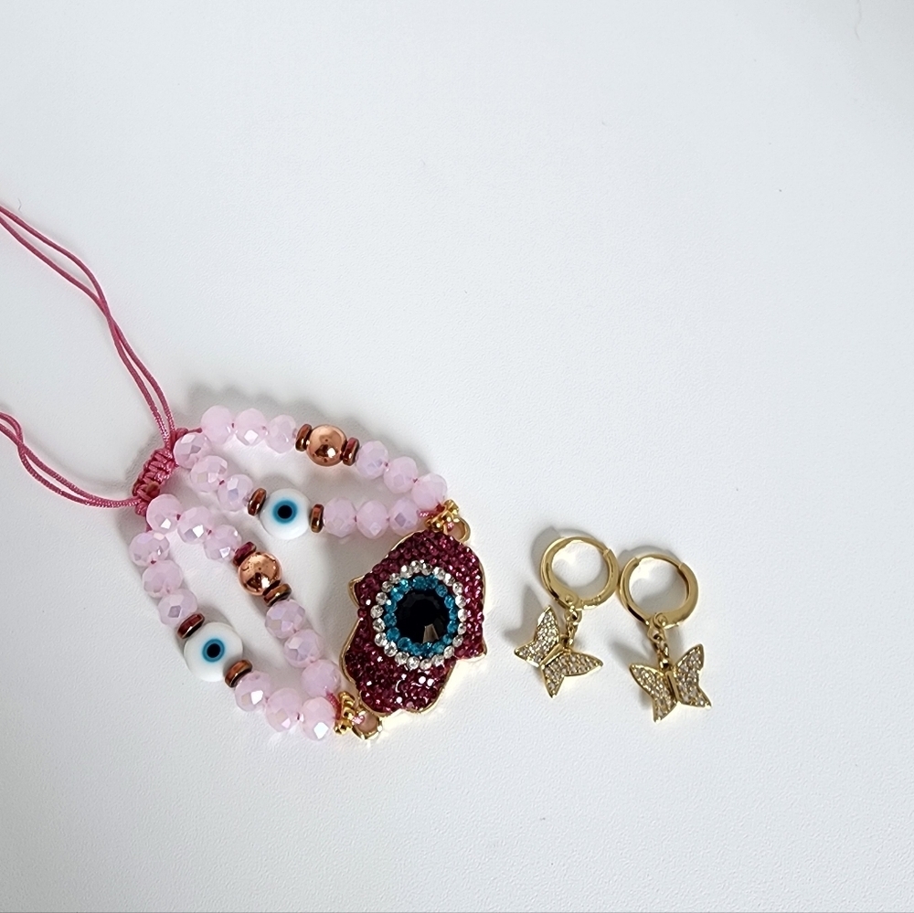 Evil Eye Bracelet Pink Adjustable Beaded + Gold Butterfly Earrings Bundle Cute